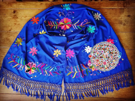 Rebozo bordado flores Otomís lino azul (sobre pedido)