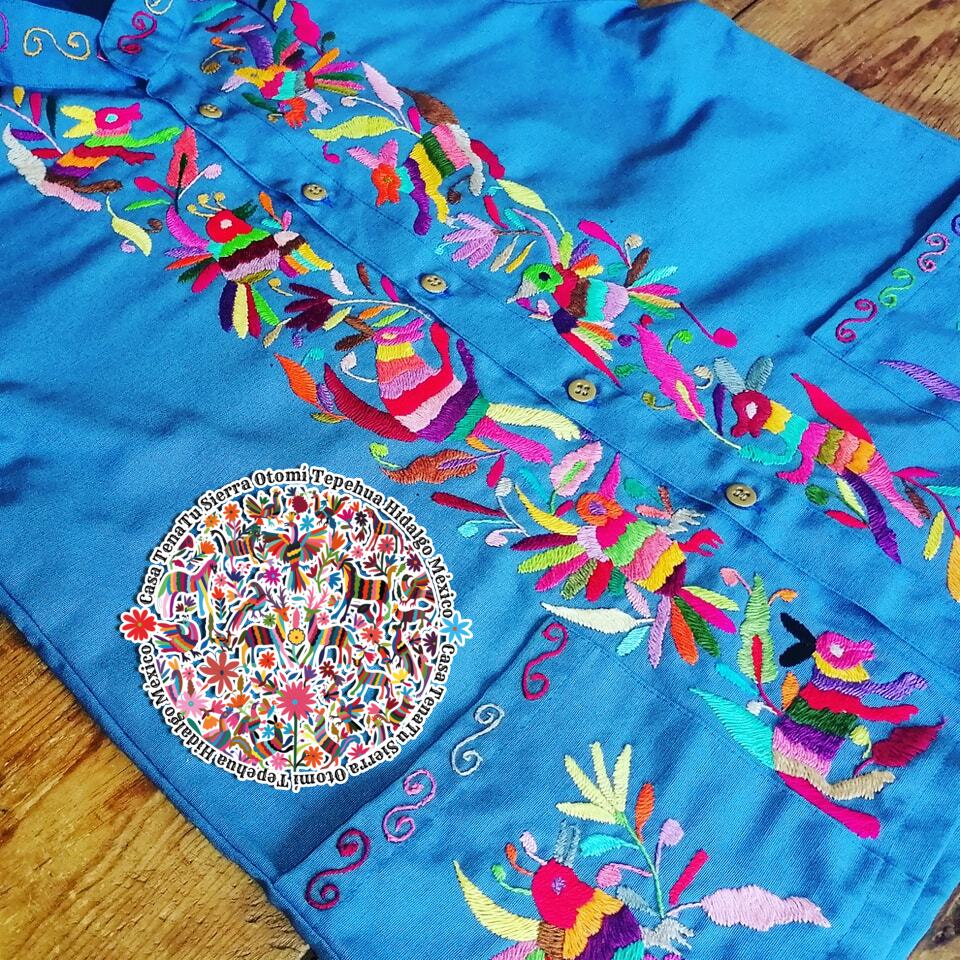 Guayabera azul multicolor  Otomí para caballero