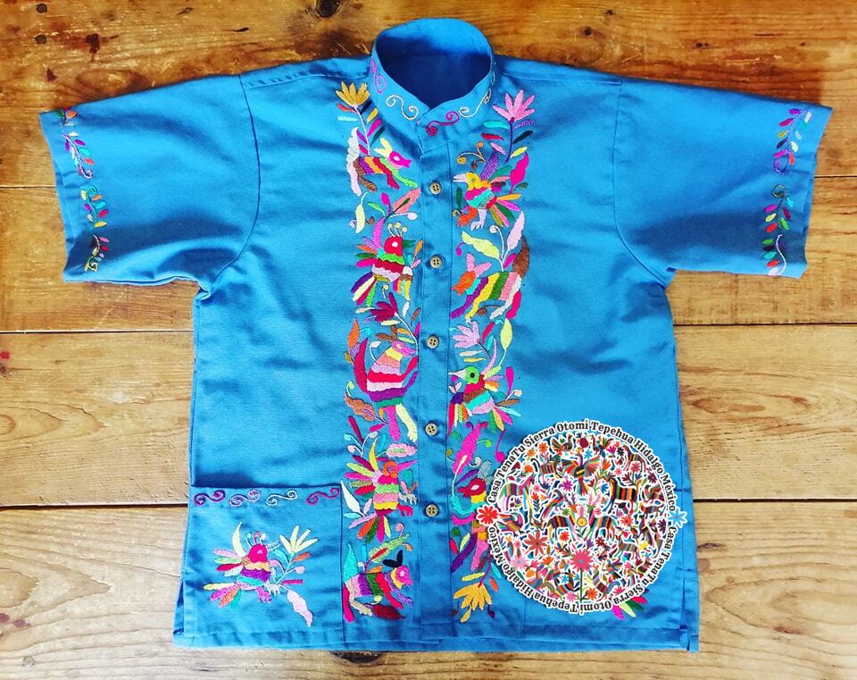 Guayabera azul multicolor  Otomí para caballero