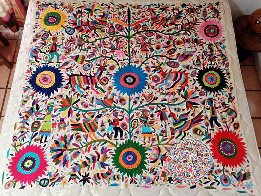 Lienzo Cosmovisión y flores Otomí multicolor