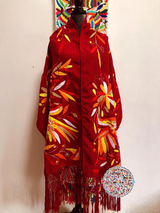 Rebozo Otomí   de Quetzales  en lino rojo